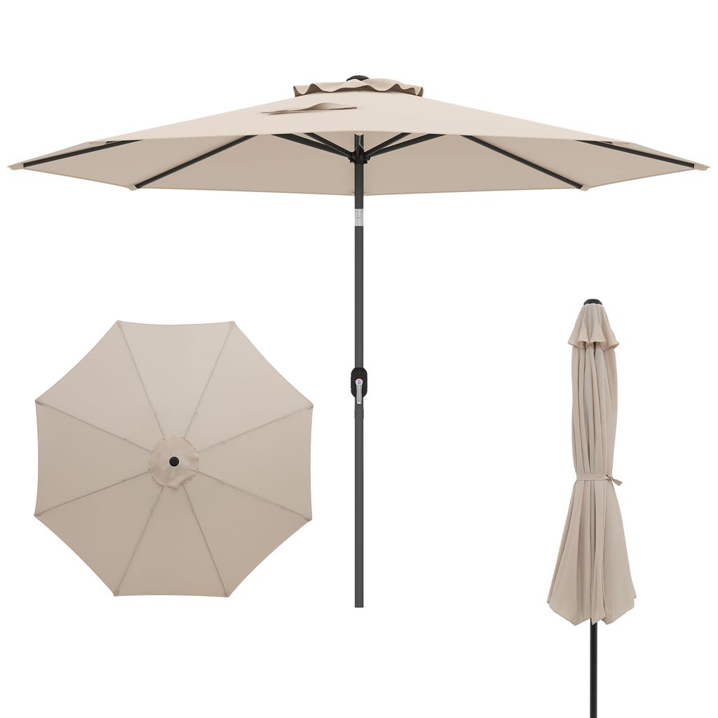 A beige patio umbrella is shown in three different views: open, top view, and closed.
