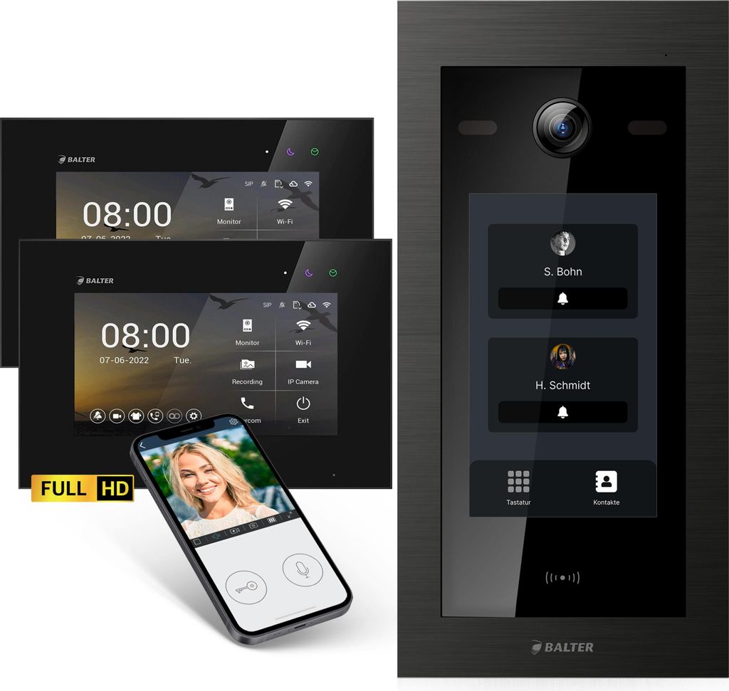 Balter EVO-HD Video Türsprechanlage mit Touchscreen Türstation, Video Türklingel, App, 2 Familienhaus, 2x 7 Zoll Monitor, Full HD, 2 Draht Bus, ...
