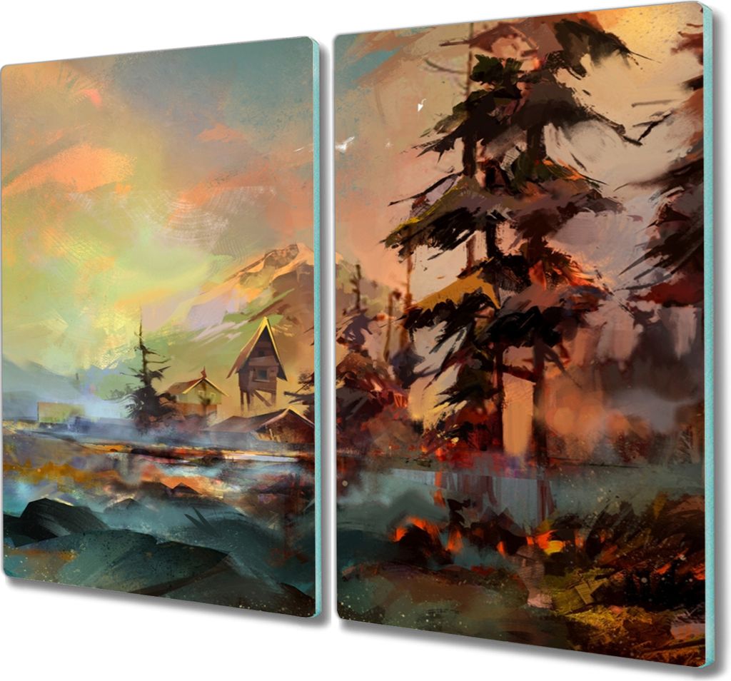 Coloray Schneidebrett Herdabdeckplatte 2x30x52 cm Kochplattenabdeckung Hackbrett Küchenbrett - Malerei Dorf Baum nach oben