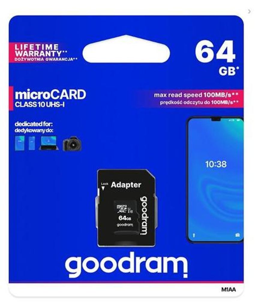 Goodram M1AA, 64 GB, MicroSDXC, Klasa 10, UHS-I, 100 MB/s, Zdjęcie produktu 