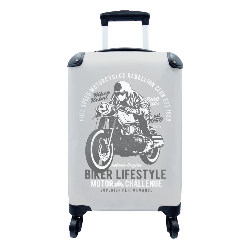 MuchoWow Koffer Handgepäck Trolley Rollkoffer Kleine Reisekoffer mit 4 Rollen - Mancave - Motor - Grau - Vintage - Cabin Size < 55x40x23 cm & 55...