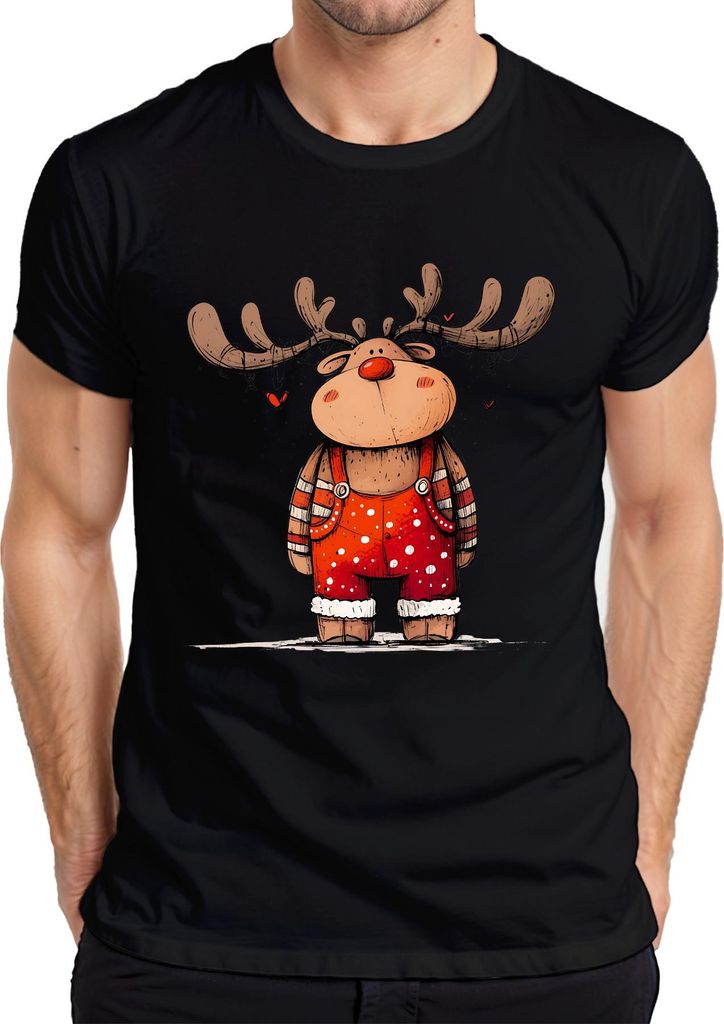 Niedliches Rentier Lichterkette Rotnase Weihnachten Geschenk Herren T-Shirt, Schwarz, XXL