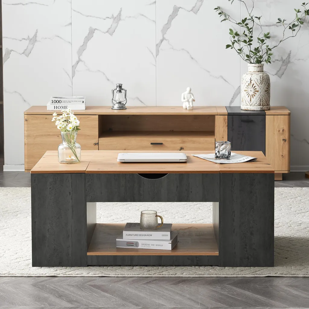 Table basse relevable 110 cm gris et bois marron avec coffre MDF - 11