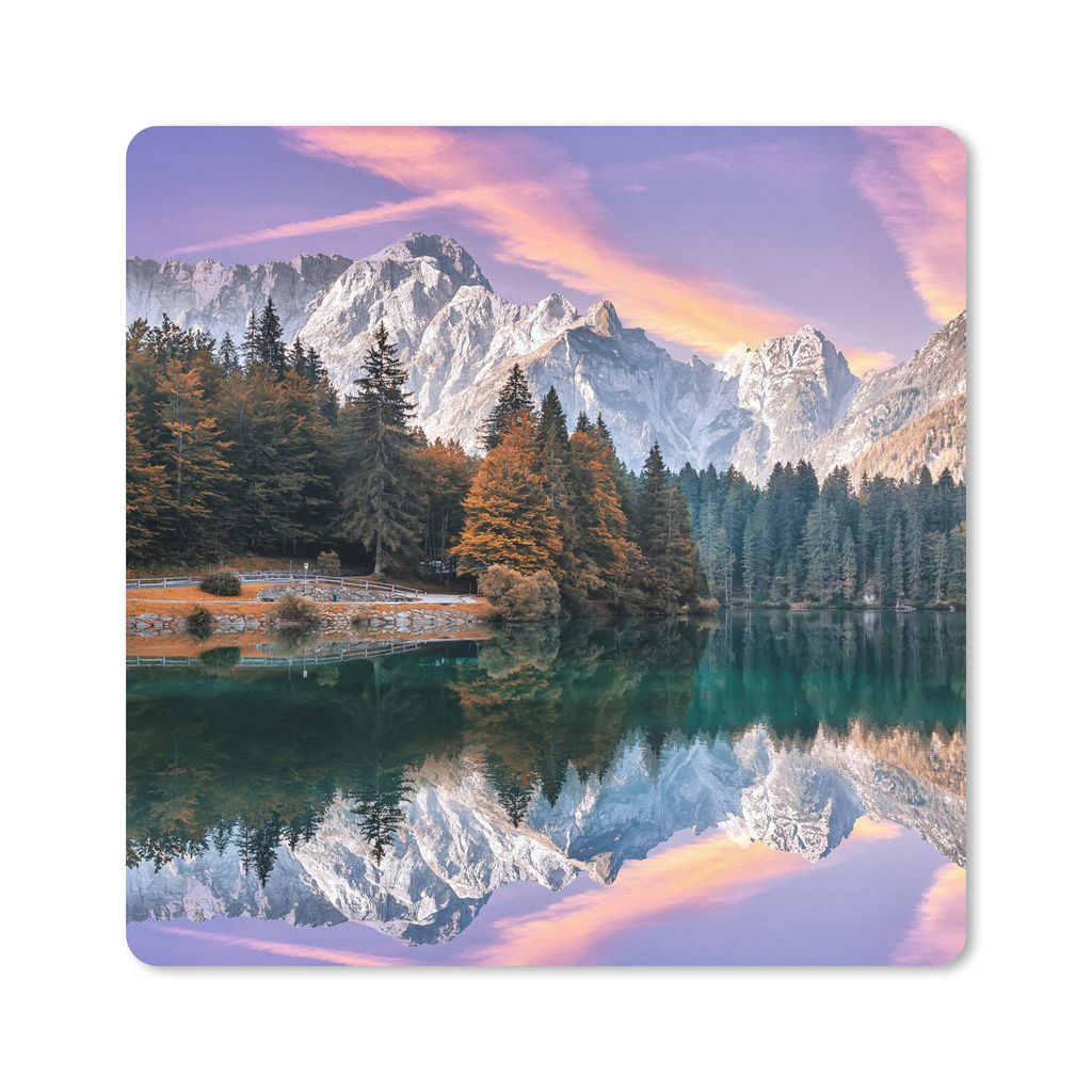 MuchoWow Mauspad Mousepad Berg - Wald - Wasser - Himmel - Rosa - Lila 30x30 cm - Mousepads - Maus Mat - Pad - Mausunterlage - Gaming