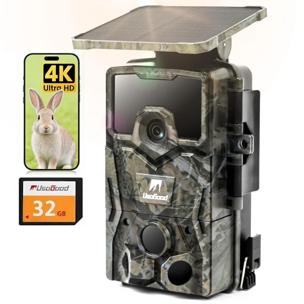 Usogood 4K Solar Wildkamera IP66 wasserdichte Nachtsichtkamera Jagdkamera mit Bewegungsmelder Tierüberwachungskamera inkl 32GB Speicherkarte Kein ...