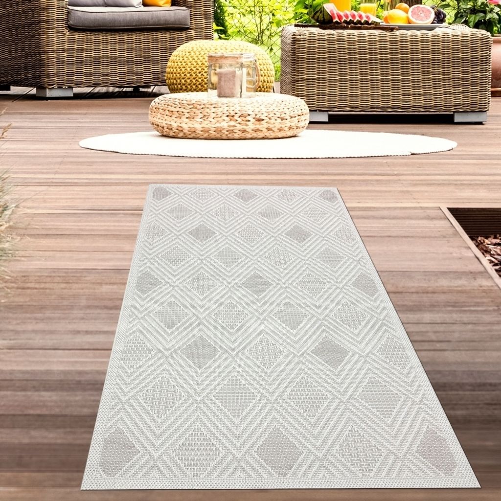 In- und Outdoorteppich Terassenteppich Wohnzimmerteppich mit Rautenmuster in Creme Größe - 80 x 150 cm
