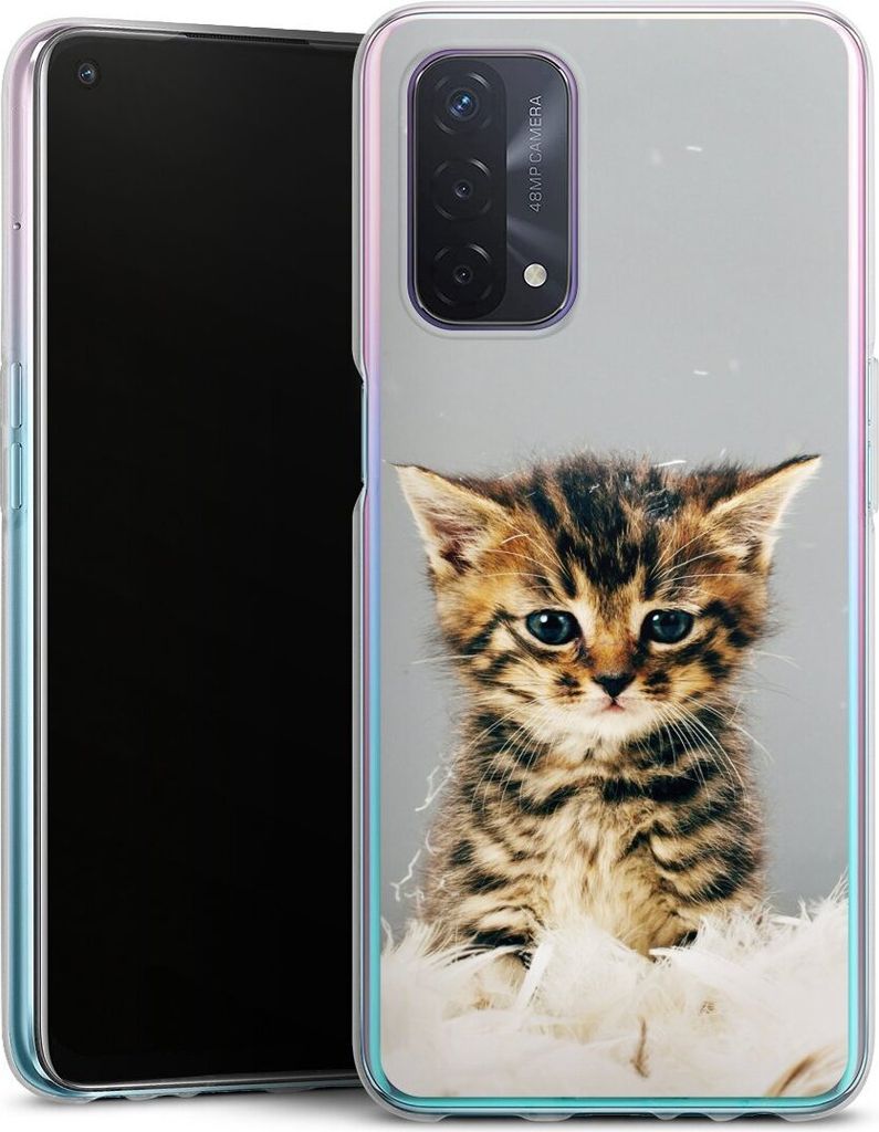 DeinDesign Handyhülle für Oppo A54 5G Silikon Hülle Case Smartphone Schutzhülle Feder Haustier Katze