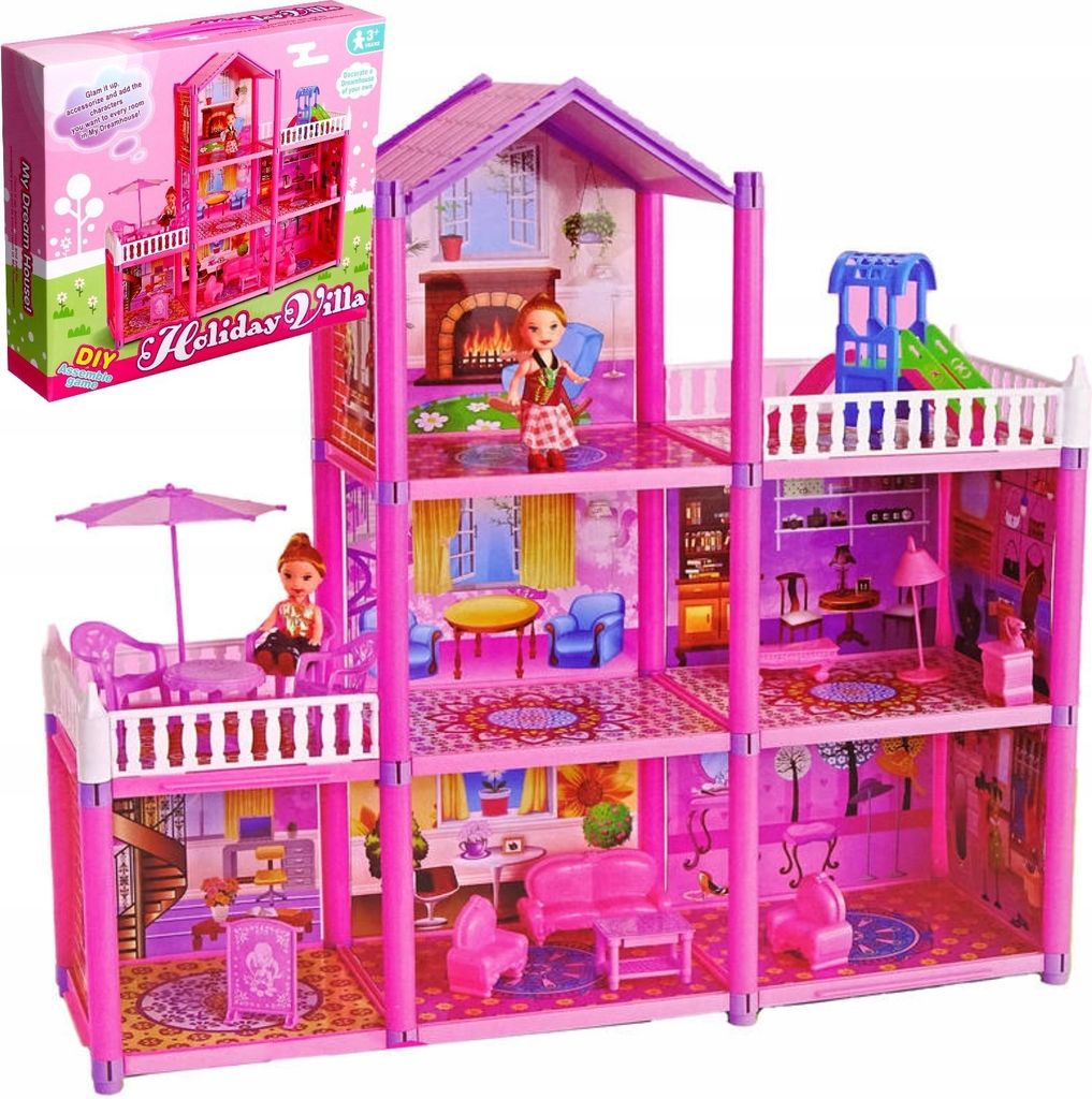 Grosses Puppenhaus Mit Buntem Puppenmöbel, 3 Stockwerken Und Rosa Terrasse