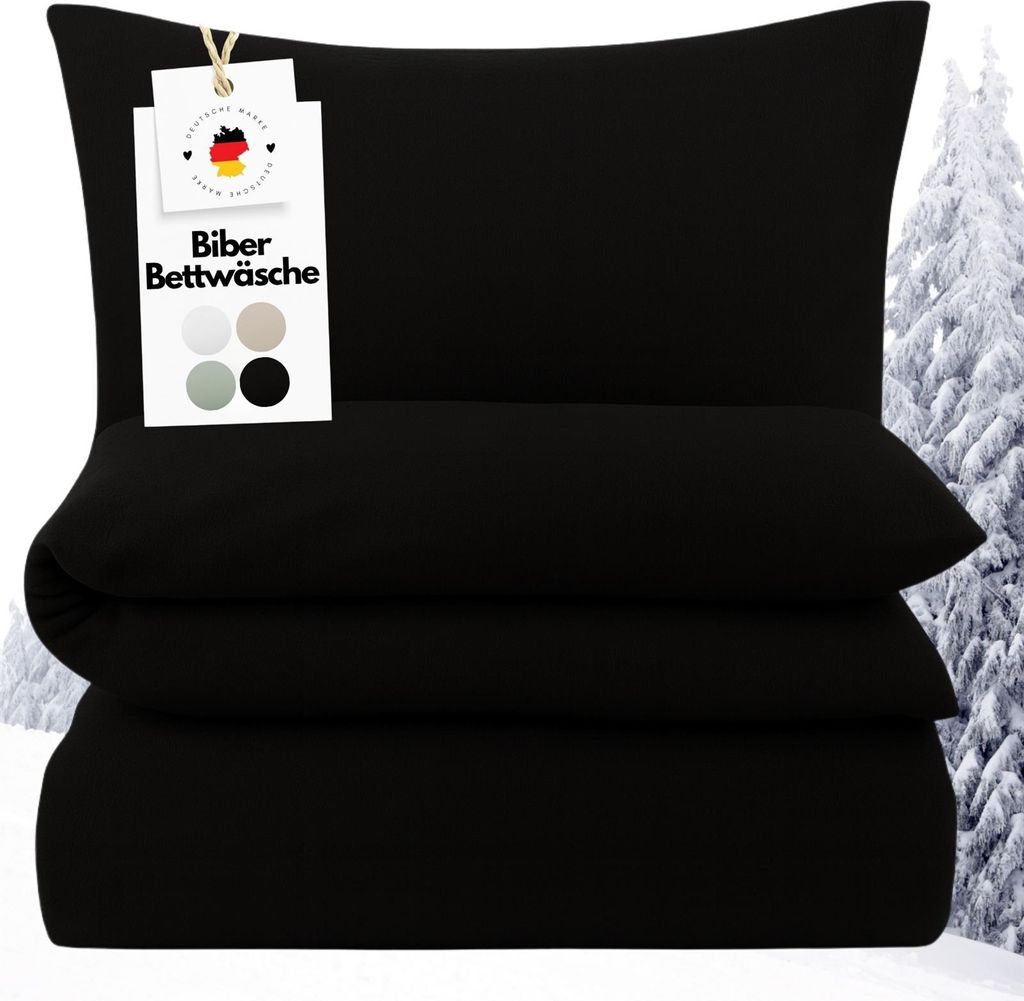 Biber Bettwäsche 135x200 Schwarz Uni Flanell Bettwäsche einfarbig Winter Bettbezug 135 x 200