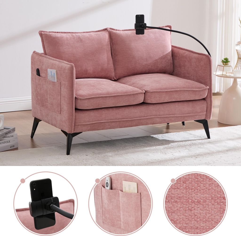 Sweiko Modernes Doppelsofa Kleines Stoffsofa Sessel mit Lagerung Seitentasche + einstellbare Handy-Halter Geeignet für Wohnzimmer/Schlafzimmer/Balkon