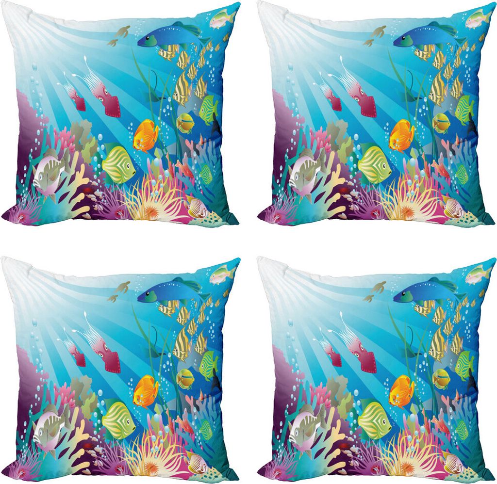 ABAKUHAUS Unterwasser- Kissenbezug Set (4 Stück), Fischarten im Meer, Moderner Doppelseitiger Digitaldruck, 40 cm x 40 cm, Mehrfarbig