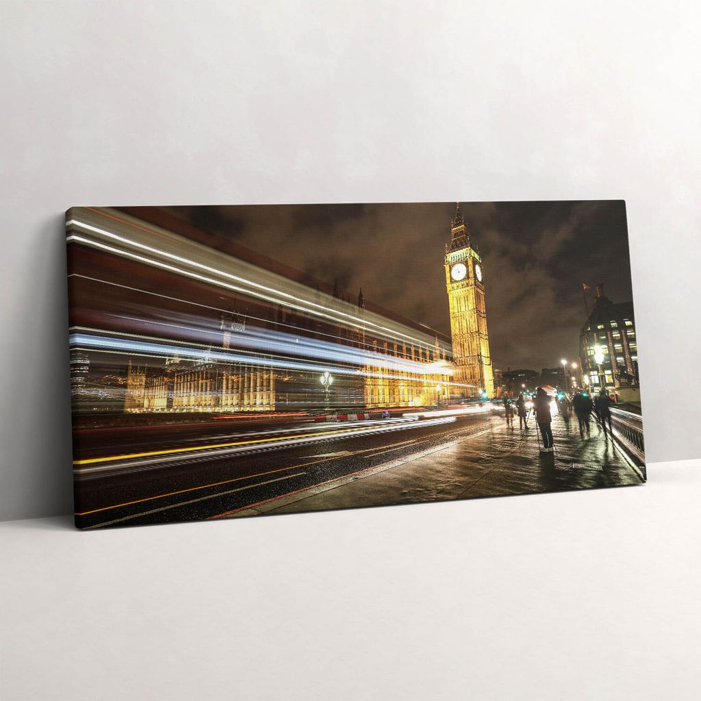 Big Ben bei Nacht Geschwindigkeit des Lichts – Leinwandbild Wandbild – 100x50 cm – Leinwandbilder – Wandbilder – Schlafzimmer – Flur
