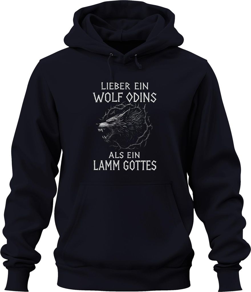 Odins Wolf statt Lamm Gottes Wikinger Nordisch Runen Mythologie Uni Hoodie Kapuzenpullover, Navy, XXL