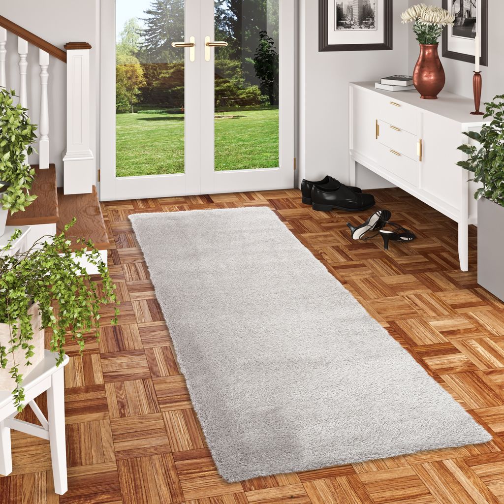 Luxus Hochflor Langflor Teppich Läufer Bilbao Silbergrau, Größe:100x300 cm