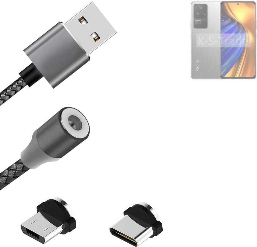 K-S-Trade Hochwertiges Magnet-Lade-kabel Sync-Kabel Daten-Kabel für POCO F4 mit USB-Typ-C-Anschluss und Micro-USB-Anschluss 2A bis zu 480mbps