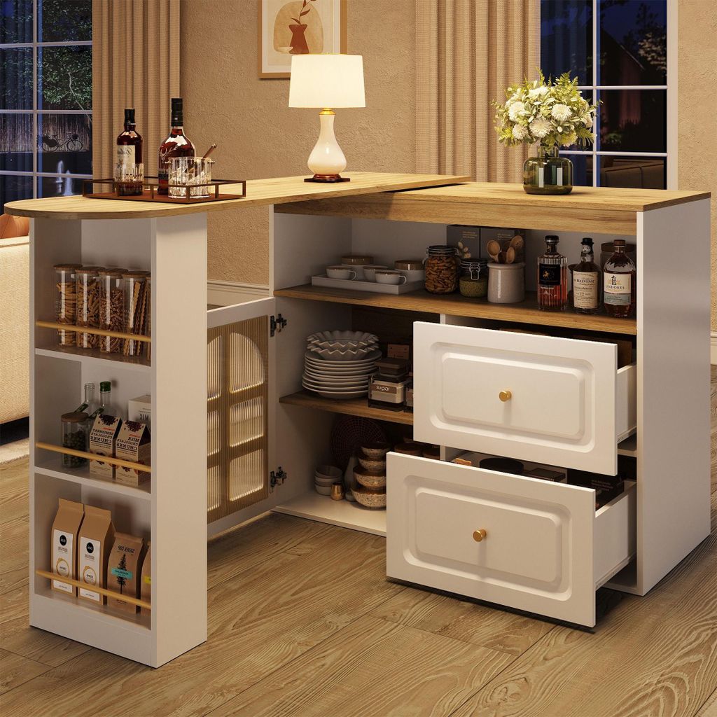 KLAM HOME Bartisch 360° drehbare Essbar mit 2 Schubladen, Snackregal, offenes Ablagefach Drehbarer Sideboardschrank für Schlaf-, Wohn-, Esszimmer