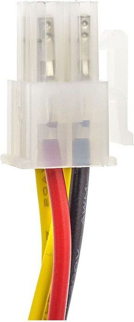 A close-up of a white electrical connector with three wires (yellow, red, and black) extending from it.