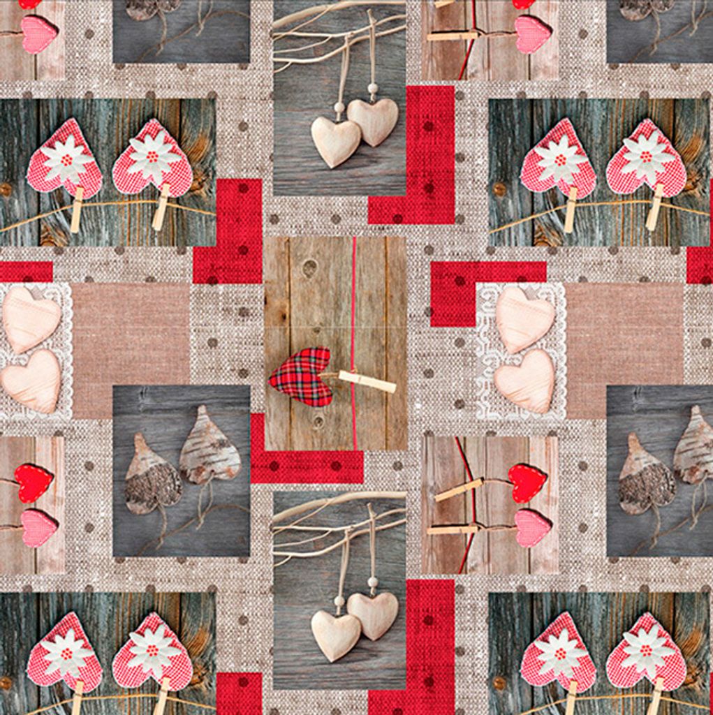 PVC Tischdecke Herz Edelweiß rot beige Wachstuch - Breite & Länge wählbar - abwaschbare Tischdecke Holz , Größe:90 x 90 cm