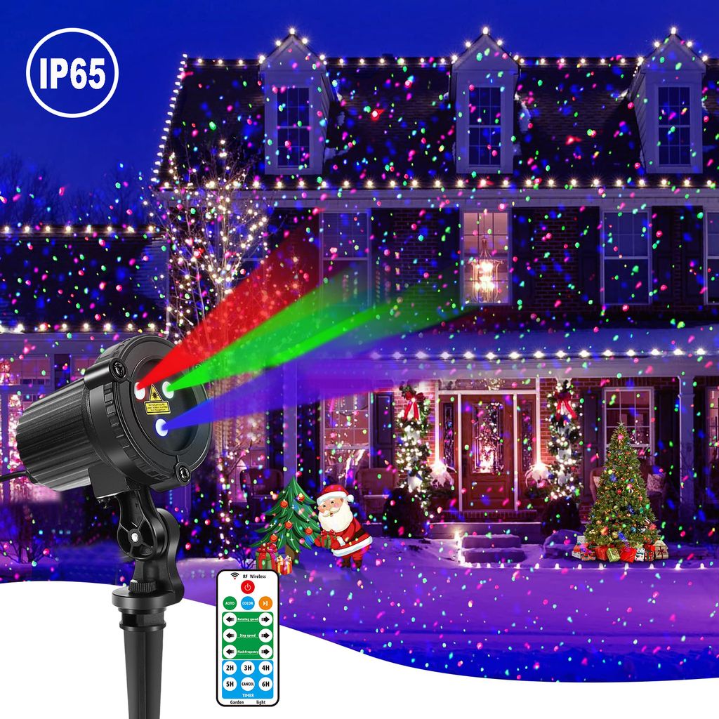 A house decorated with Christmas lights and a laser projector.