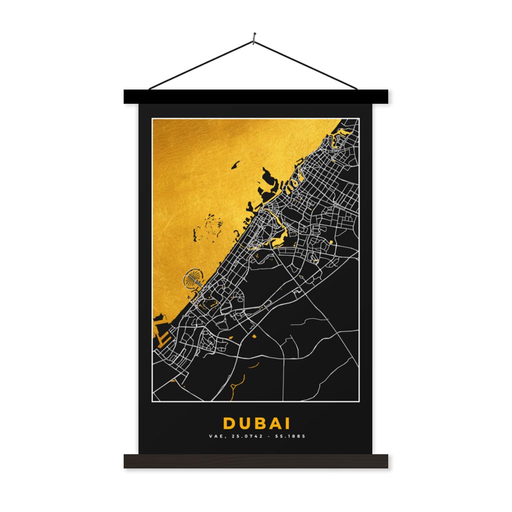 MuchoWow Textilposter Gold - Stadtplan - Dubai - Karte 120x180 cm mit schwarzem Rahmen - Fotos