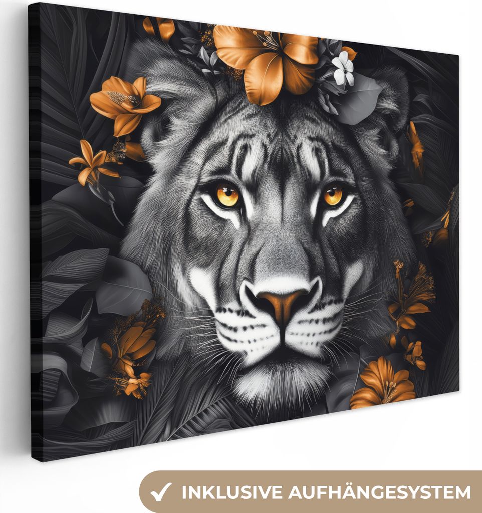 Leinwandbilder 40x30 cm - Tiere, Blumen - Tiger - Gold, Bilder Wohnzimmer Modern, Wanddeko
