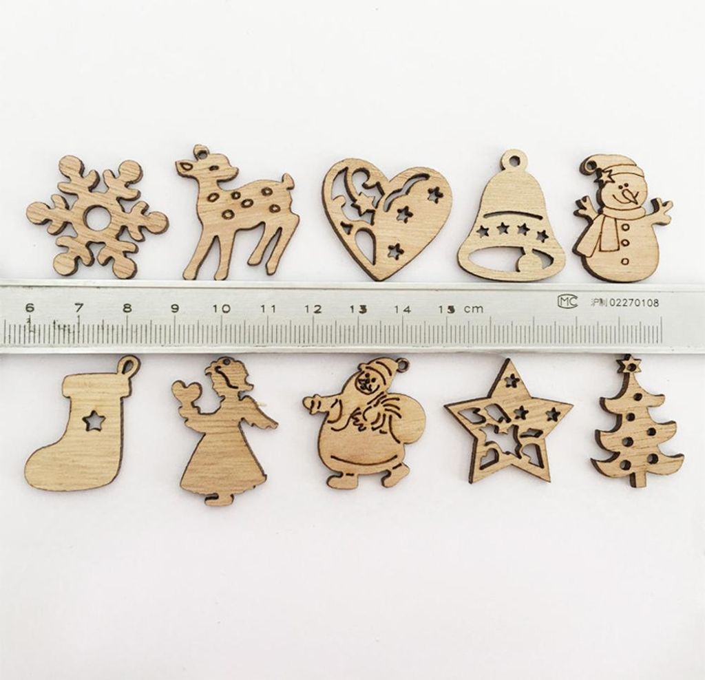 100pcs Mix Holz Weihnachtsbaum -Ornamente Mini Santa Claus Snowman Elch Schneeflocken H?ngende Anh?nger
