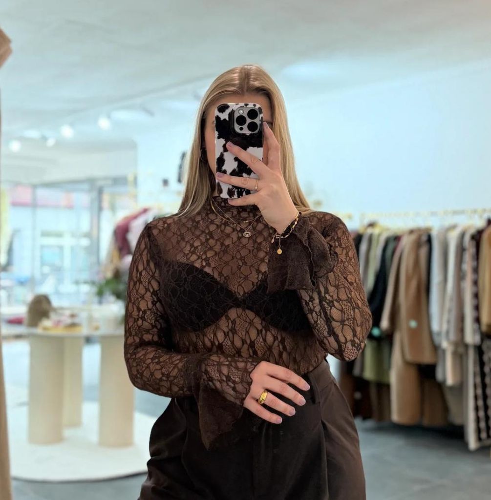 Lace Shirt Damen "Nola" Dunkelbraun ( Größe S-M ) Frauen Laces Shirt langärmlige Shirt Damen Lace Langarmshirt Oberteil mit Spitze Transparent T...