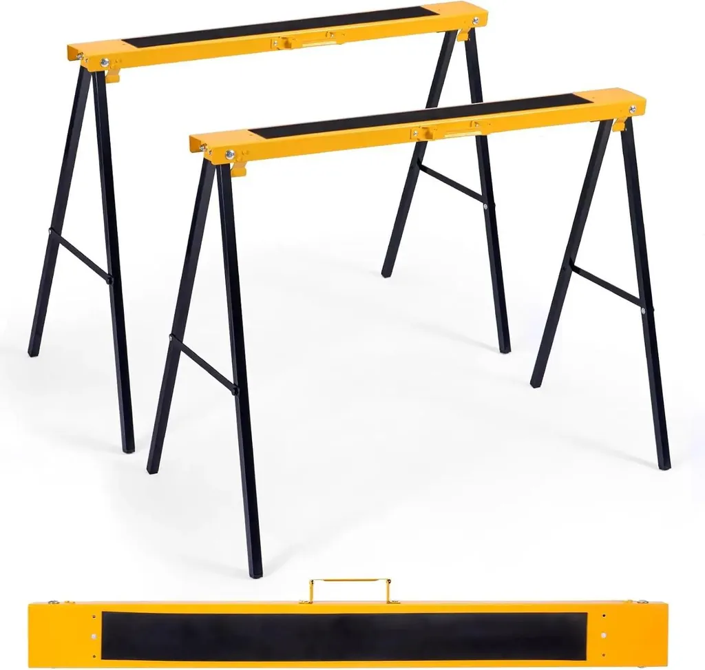 Lot de 2 Tréteaux de Sciage Pliants en Métal Jaune - Capacité 275 kg