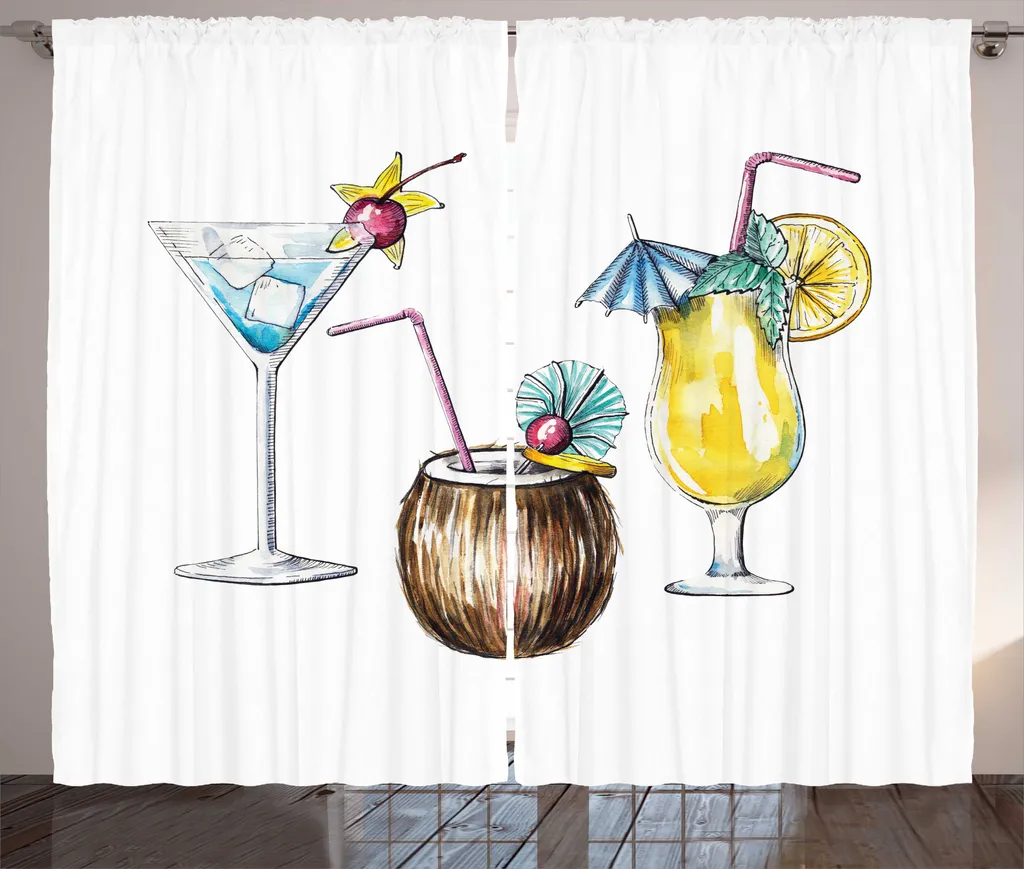 Paire de rideaux motif Cocktailparty dessinés main 280x225cm à boucles