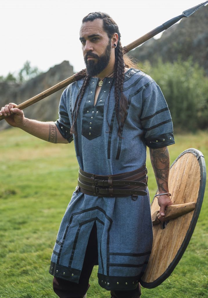 Wikinger Kurzarm Tunika mit Echtleder Applikationen - blaugrau XXXL