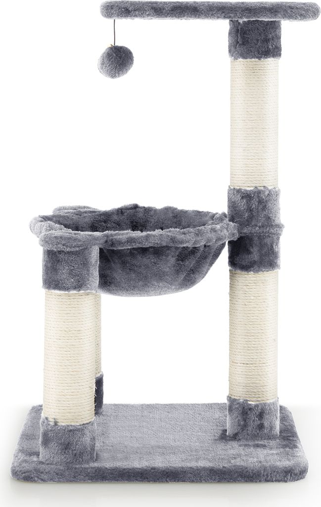 A cat tree with a hammock and scratching posts.