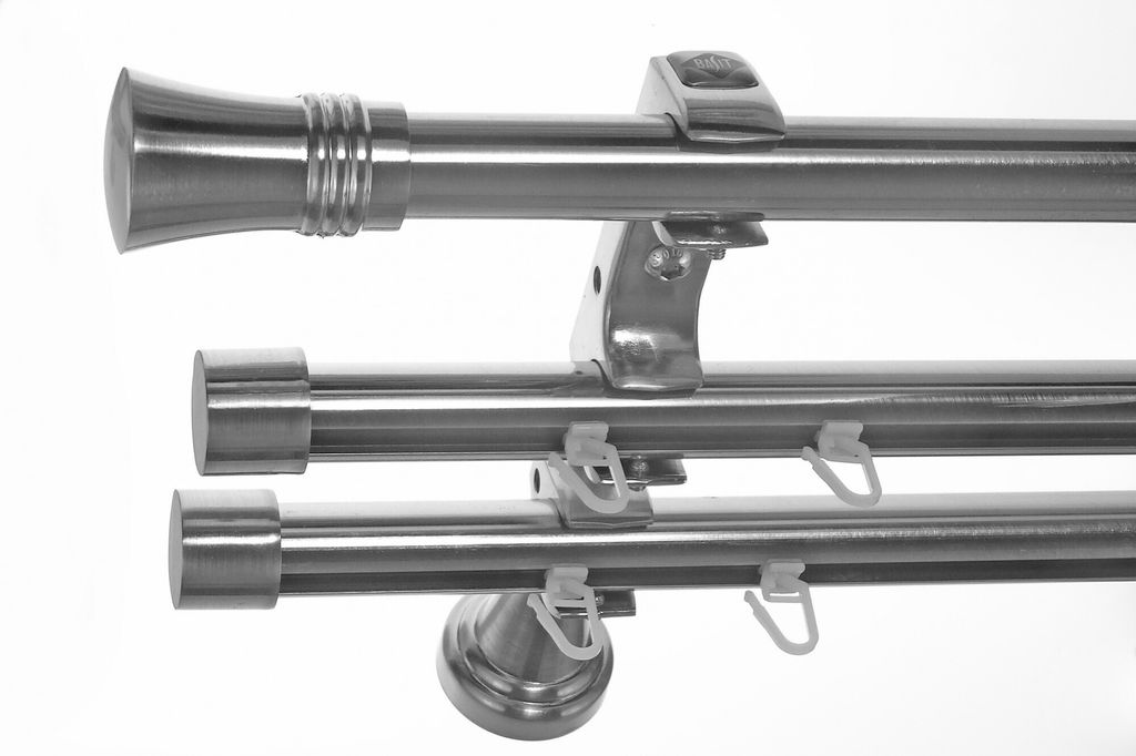Rohr + 2 x Innenlauf Edelstahl Look Gardinenstange 20mm Wandträger 3-läufig mit Knauf H60 E86E30 RI+ 1x B20I