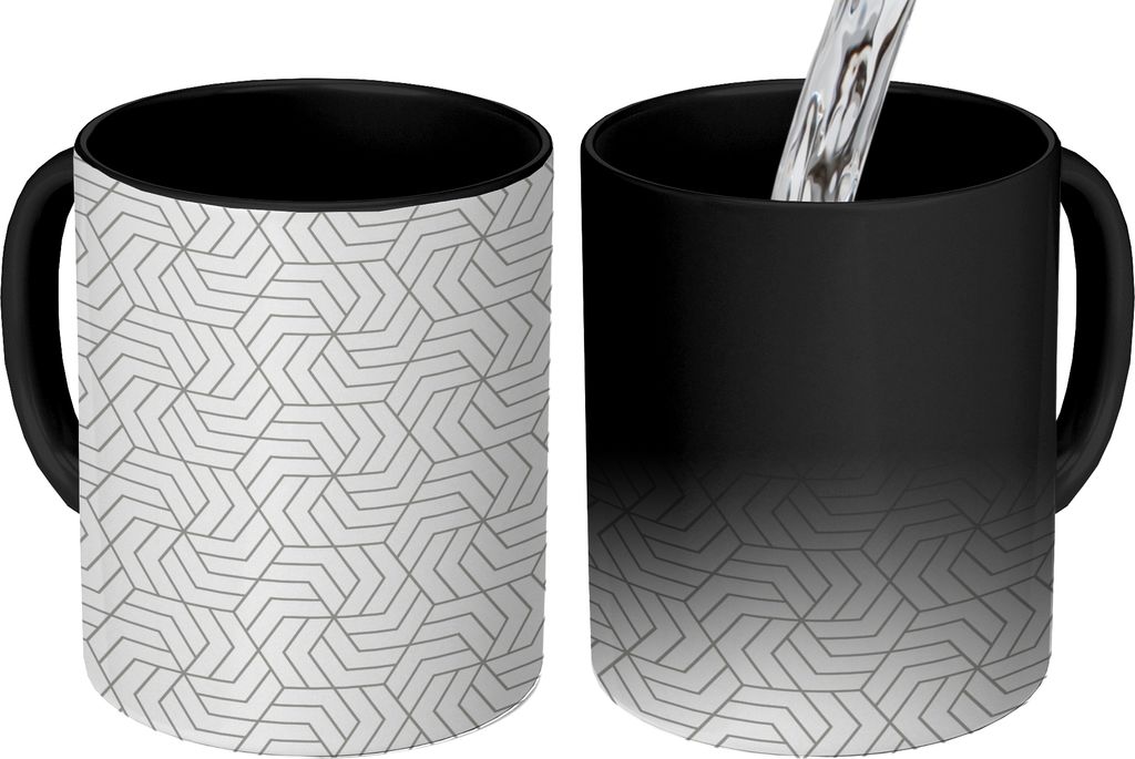 MuchoWow Zauber Tasse Zaubertasse Magic Geometrie - Linie - Schwarz - Weiß - Muster 350 ml Farbwechsel Becher Geschenk Geschenkidee - Magic-Tass...