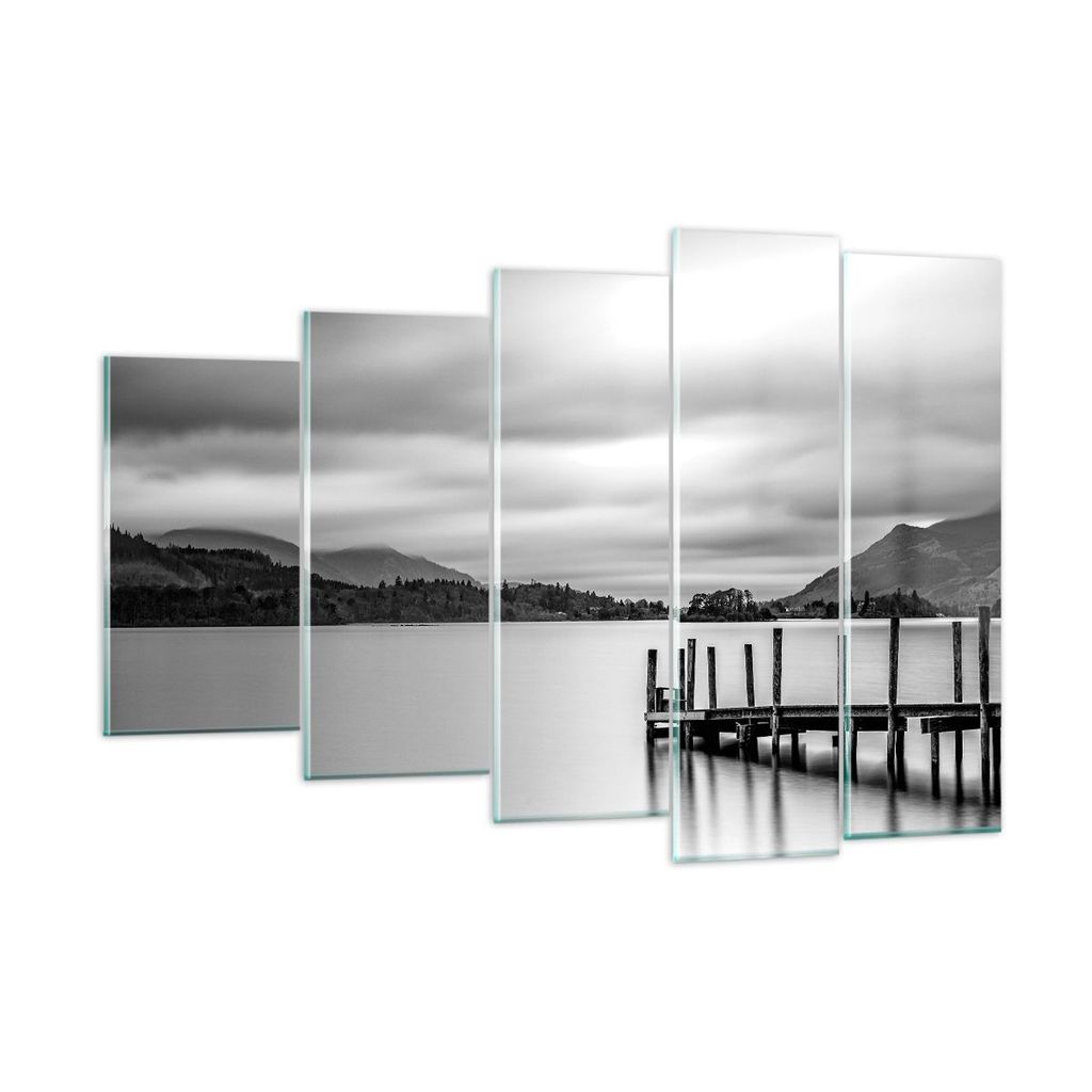 Bilder auf glas - 5 Teile - Schwarzweiß Landschaft See - 150x100cm - Glasbilder - Wandbilder - Bilder - Wanddekoration aus Glas - Glas Bilder - Wa...