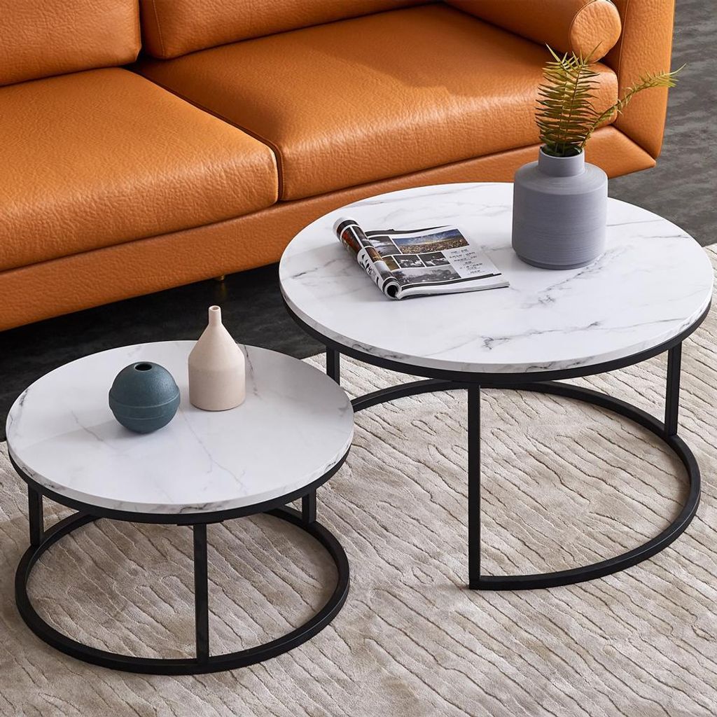 2er-Set Beistelltische zum Mitnehmen – Weißer Marmor mit schwarzem Metallgestell – Runder Beistelltisch – Moderner Wohnzimmertisch, Couchtis...