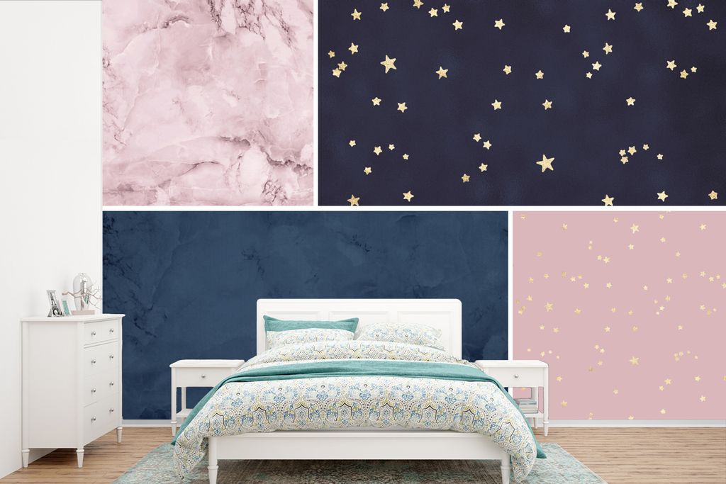 MuchoWow Fototapete für Wohnzimmer oder Schlafzimmer Wandtapete Vinyl Motivtapete Marmor - Blau - Rosa - 525x350 cm - Das Hintergrundbild