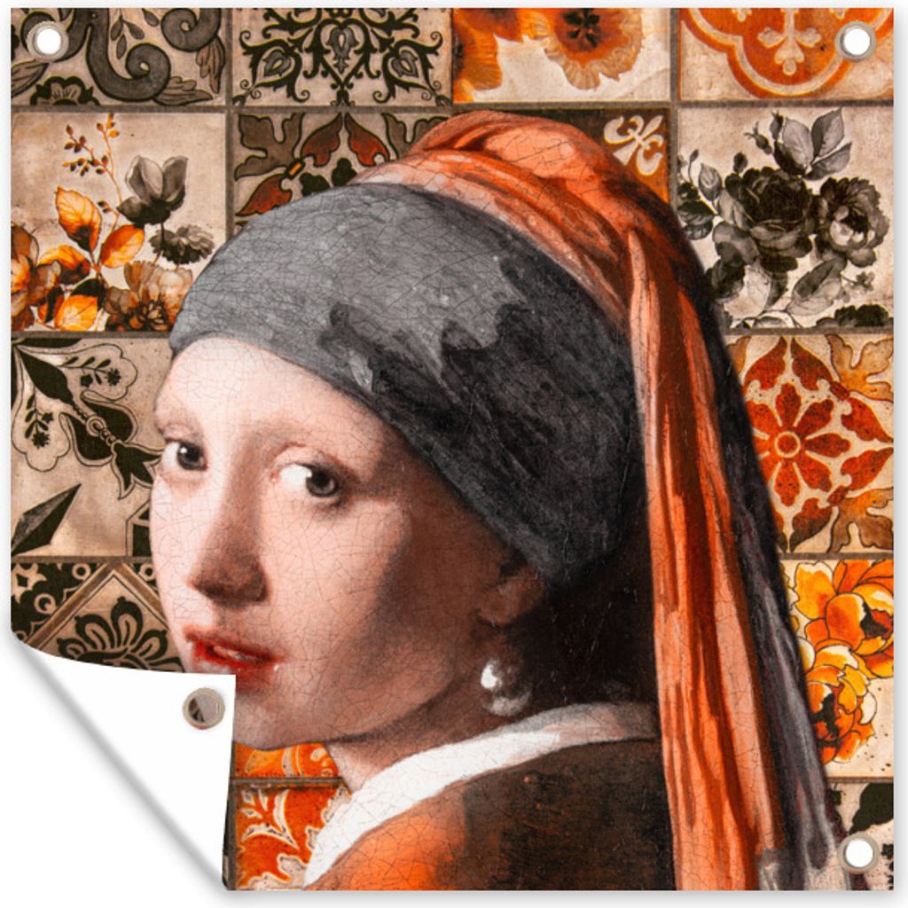 MuchoWow 50x50 cm Outdoor-Poster Gartendeko Sichtschutz Garten Poster für den Garten Das Mädchen mit dem Perlenohrring - Kacheln - Orange - Sch...