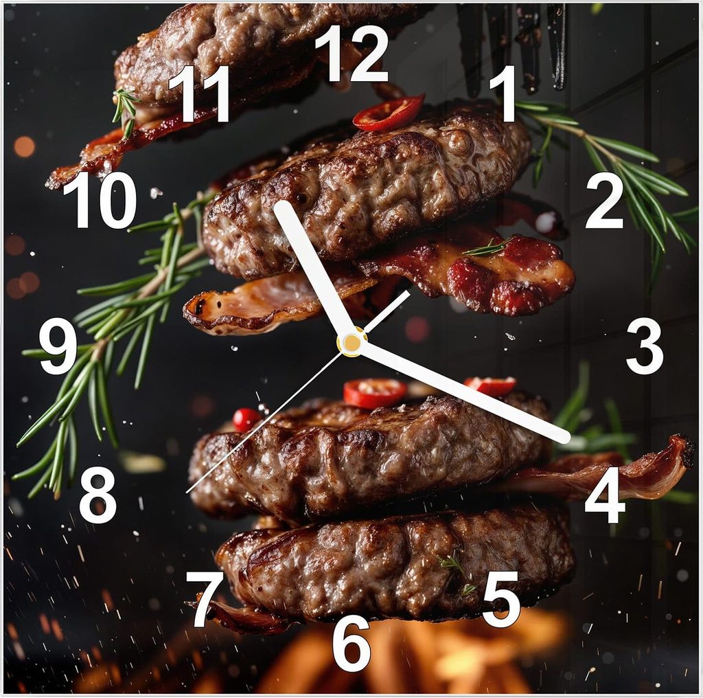 Wanduhr aus Glas mit Motiv Burger mit Bacon- 30 x 30 cm - inkl. Aufhängesystem