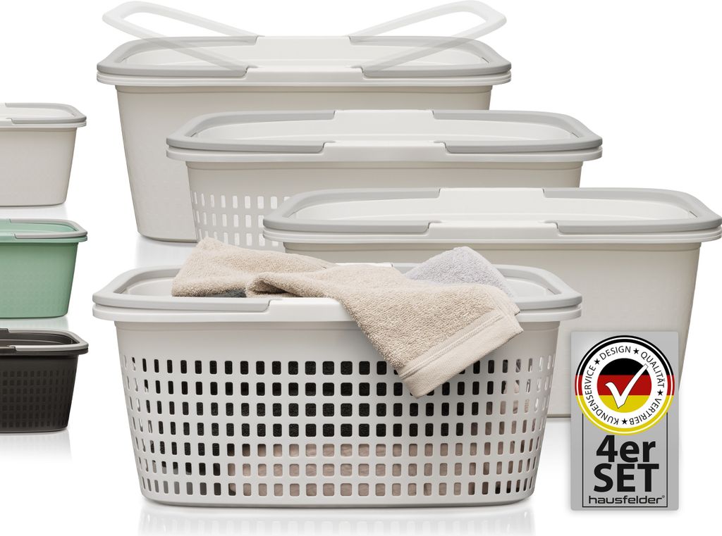 Wäschekörbe 4er Set Weiß, 2 x Körbe + 2 x Wannen, 35 l