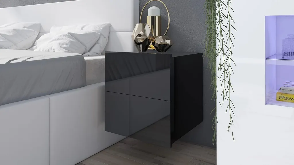 Petite table de nuit noire CONNOR avec étagère de rangement moderne - 2