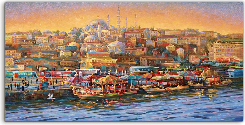 Coloray Glasbild 140x70 Wandbild Glasbilder Malerei Istanbul Golden Horn Bay