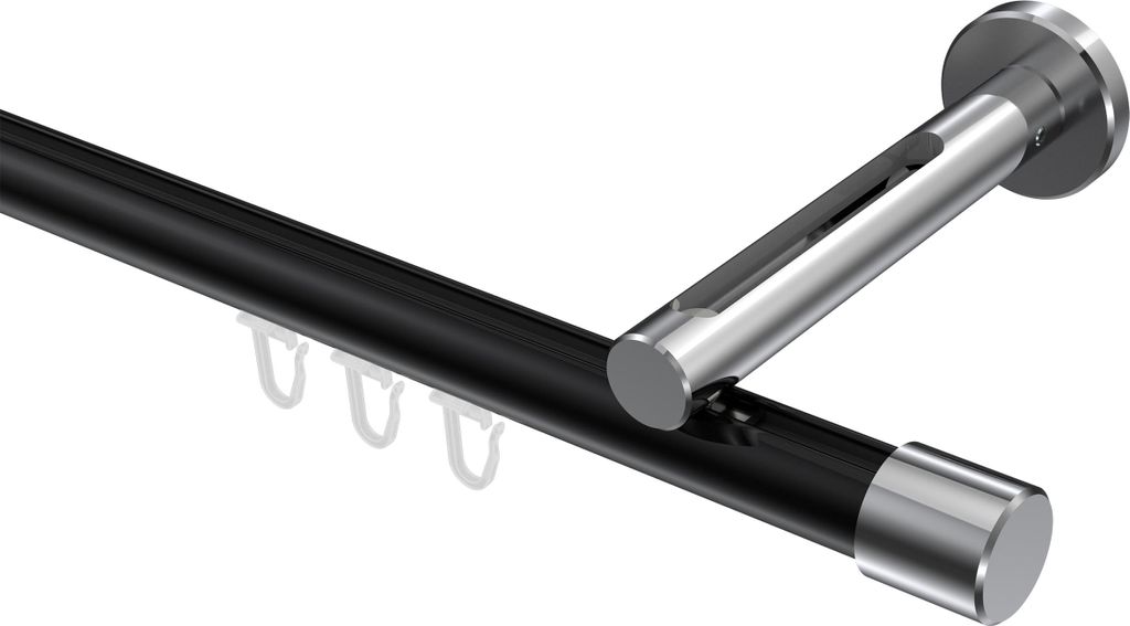 Interdeco Innenlaufstange / Gardinenstange mit Innenlauf Schwarz / Chrom, Typ Siteno Santo (Kappe), 20 mm Ø 1-läufig, 260 cm
