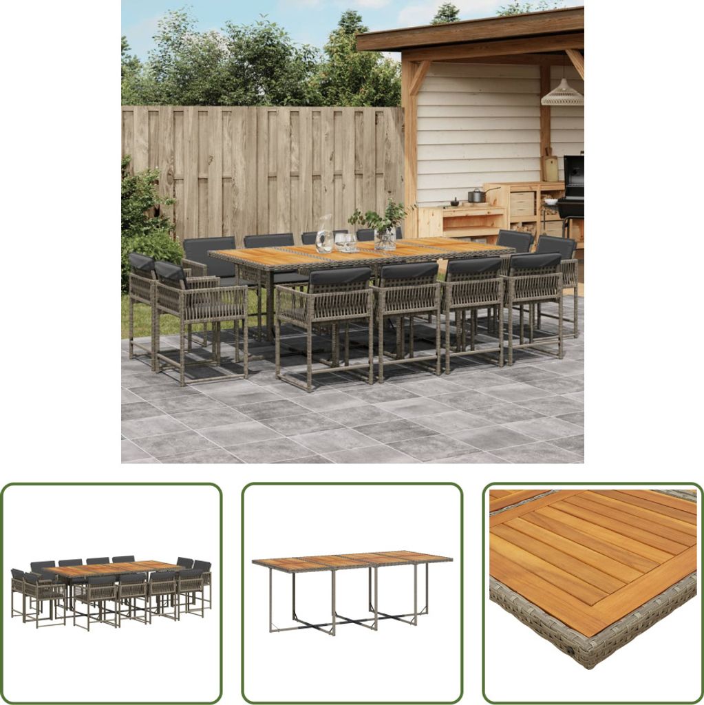 The Living Store 13-tlg. Garten-Essgruppe mit Kissen Grau Poly Rattan