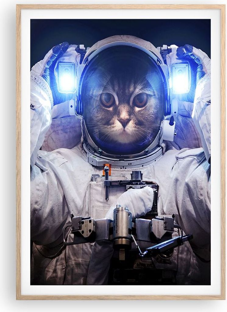 Gerahmtes Poster - Rahmen in heller Eiche - Kosmonaut Katze - 70x100 cm - Wand Bild - Wanddeko - Wandbilder - Wandposter - Bilderrahmen - Bilder - ...