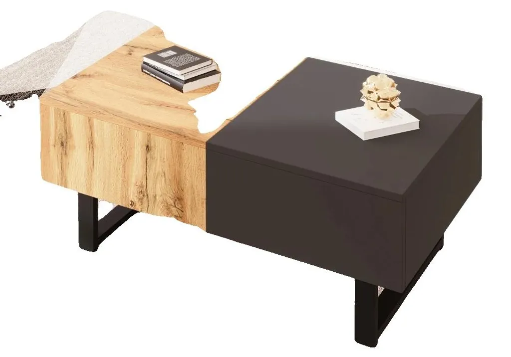 Table de salon moderne naturelle à plateau relevable et coffre caché