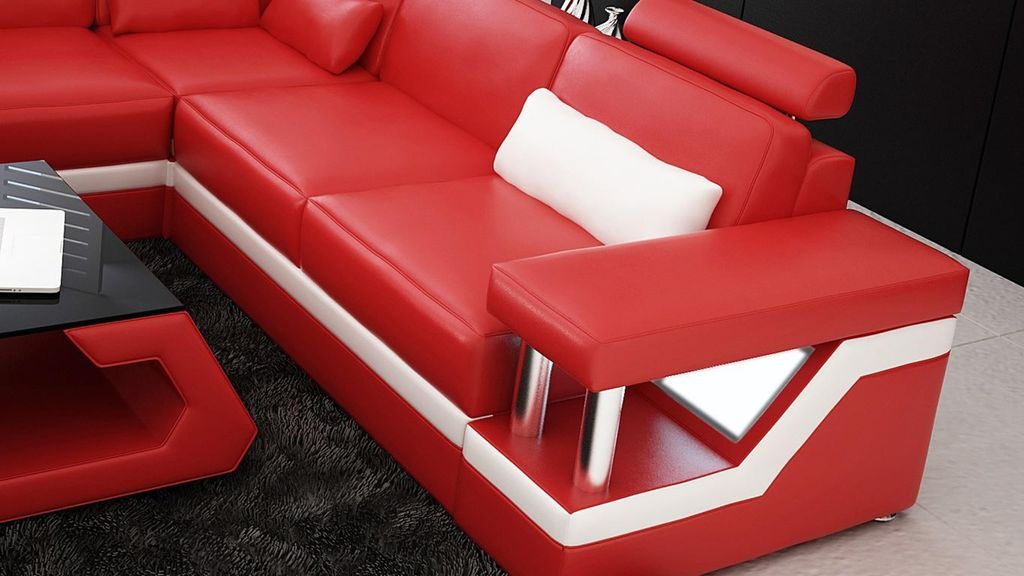 Couch Ecksofa Leder Wohnlandschaft Garnitur Design Modern Sofa L-Form Rot Möbel