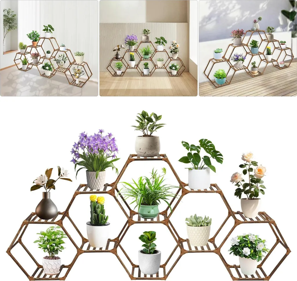 Support pour plantes à 11 niveaux en bois et plastique - 231x25x97 cm