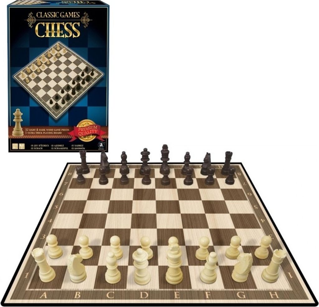 A chess set with pieces arranged on the board, and the product box in the background.