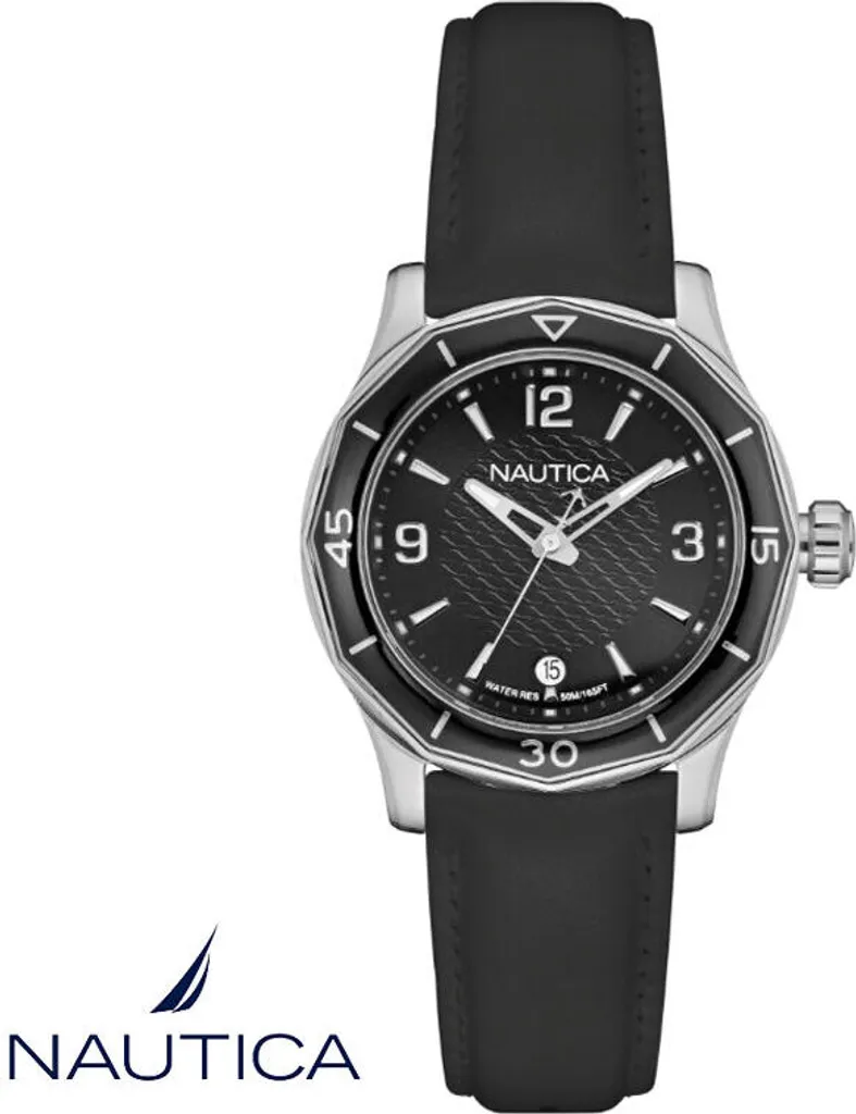 Nautica NAD12539L NWS 01 Bracciale orologio donna argento nero silicone NUOVO