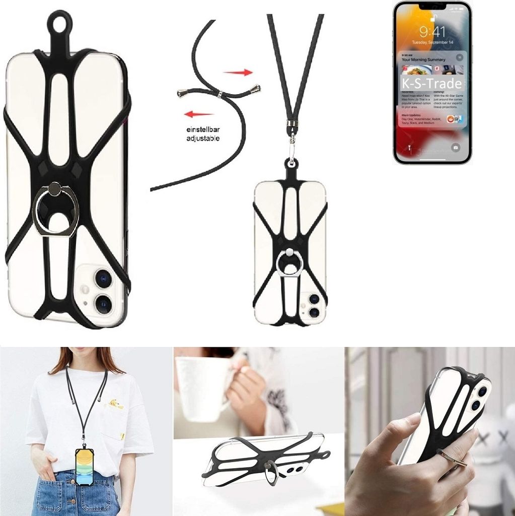 K-S-Trade 3in1 Handykette Handyband Handykordel Halsband Smartphone-Ring Handy-Ring kompatibel mit Apple iPhone 13 Pro Max Fingerhalterung Handyring